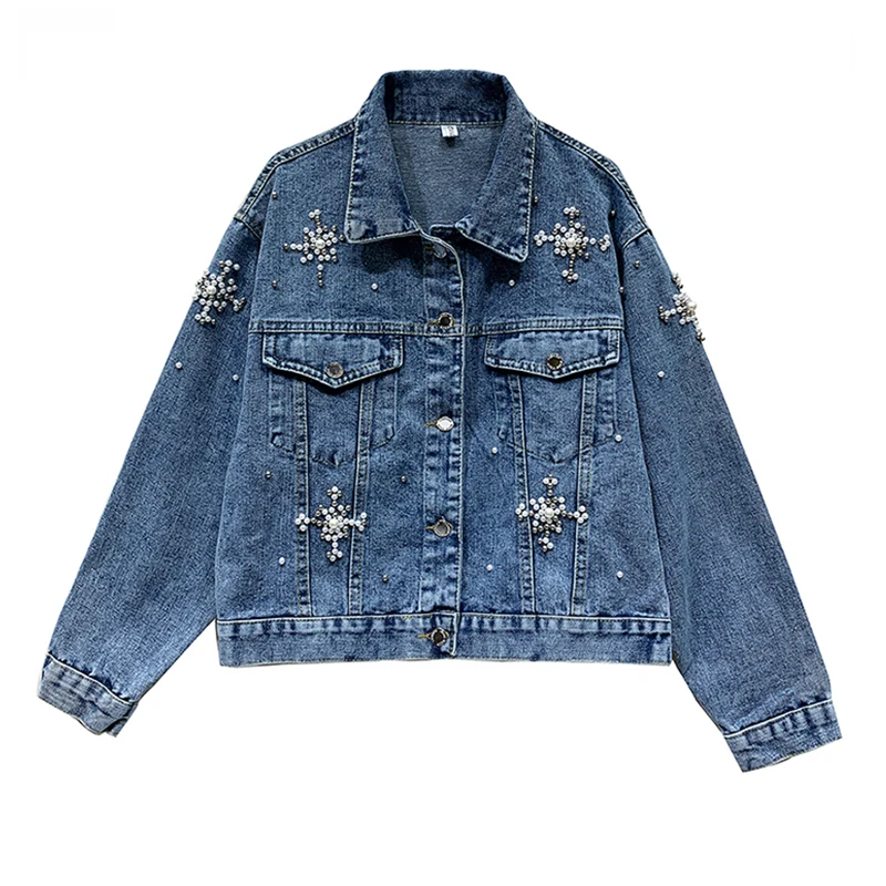 Pearl Beading Crop Short Denim Jackets Women White Wash Long Sleeve Vintage Casual Jean Jacket Bomber Coat Female Basic Ou |