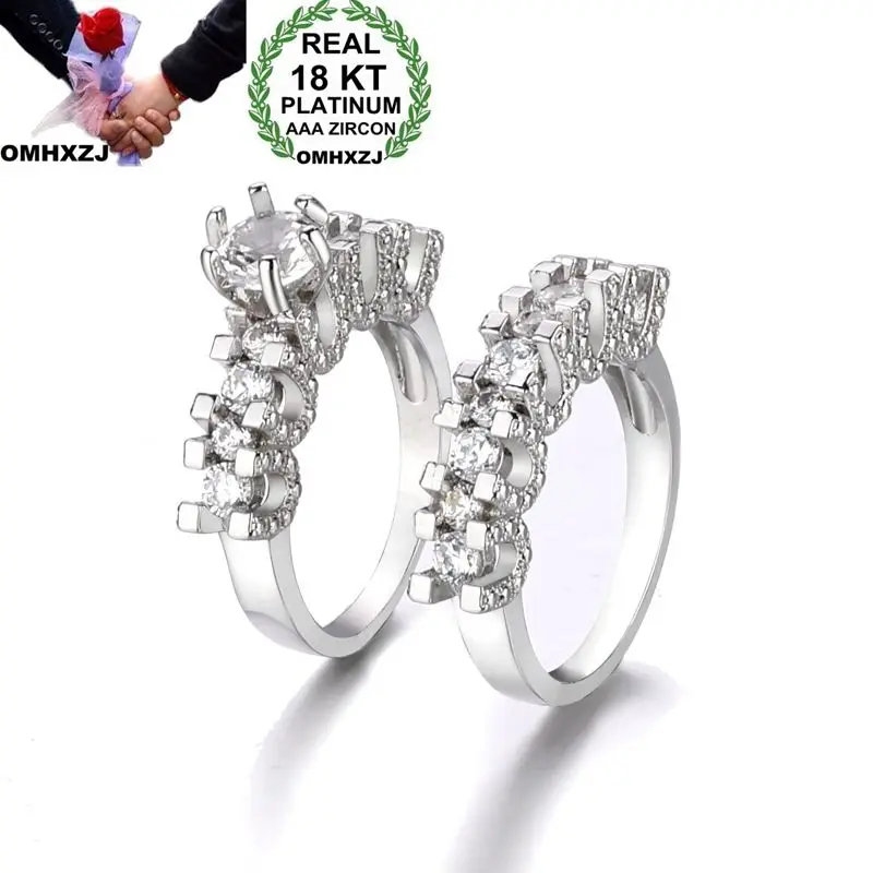 

OMHXZJ Wholesale European Fashion Woman Man Party Wedding Gift Luxury White AAA Zircon 18KT White Gold Ring Set RR636