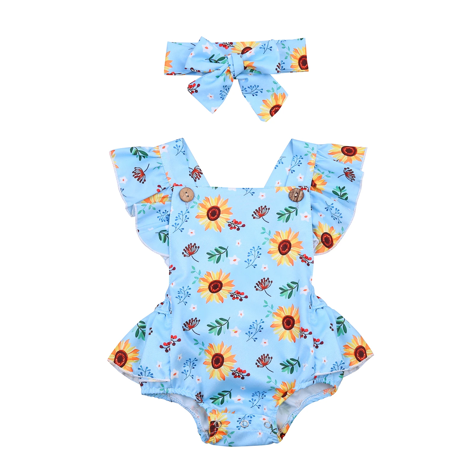 

Baby Sunflower Print Clothes Set, Flying Sleeve Square Collar Jumpsuit with Buttons + Bow-knot Headband