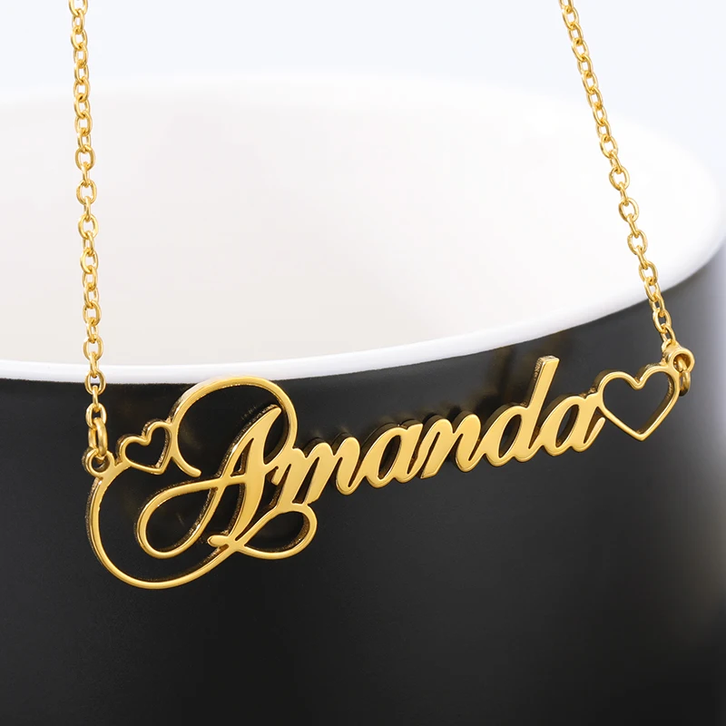 

Name Necklace Personalized Custom Double Empty Heart Nameplate Pendant Necklace Stainless Steel Jewelry Romantic Gifts For Women