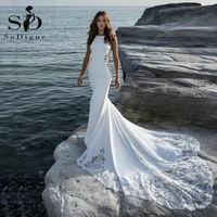 sodigne white satin mermaid wedding dresses 2022 boho lace appliques scoop royal train backless bridal dress custom made gowns