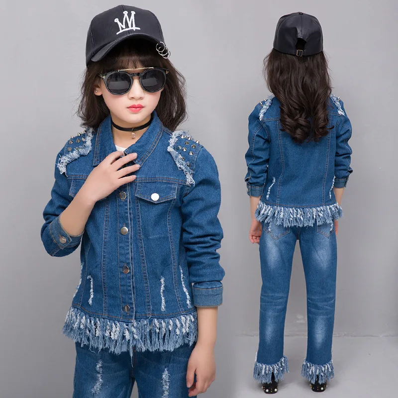 Комплект из 2 предметов модные рубашки и джинсы для девочек Джинсовая Верхняя