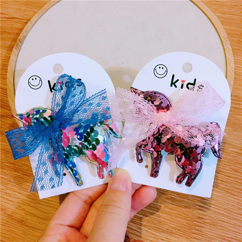 Двухцветная заколка для волос с бантом и блестками в виде единорога заколки