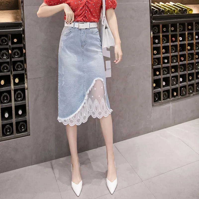 

Female Lace Patchwork High Waist Slim Denim Skirt Summer Women Holes Knee-Length Elegant A-line Jean Skirts New Mesh Streetwear