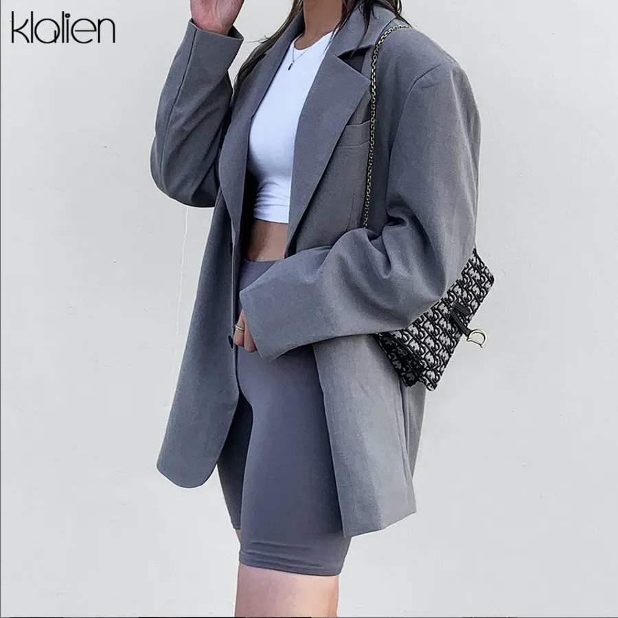 KLALIEN однобортный клетчатый женский Блейзер Куртки женские костюмы пальто серый