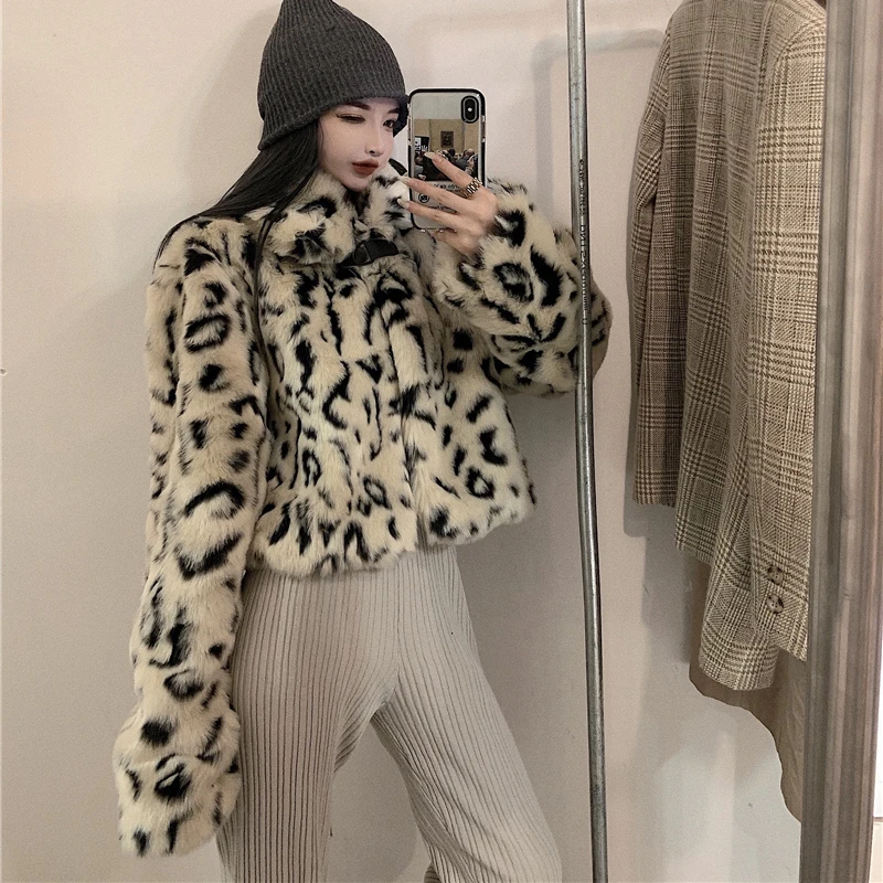 

Zoki Fashion Leopard Women Mink Faux Fur Short Coat Winter Warm Cotton Loose Fluffy Jacket Turn Down Collar Thick Lady Clothes