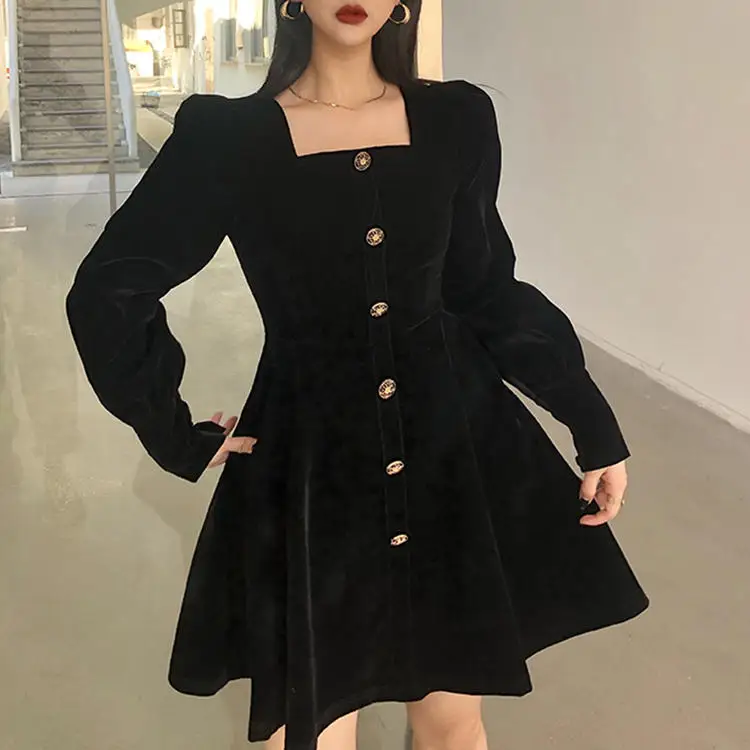 

Retro single-breasted design bubble sleeve square collar dress Women Clothes Fashion clubwear