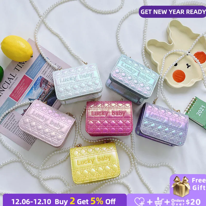 

Lovely Children's Small Square Shoulder Bags Cute Princess Pearl Chain Girls Baby Crossbody Bag Kids Laser Coin Purse Handbags