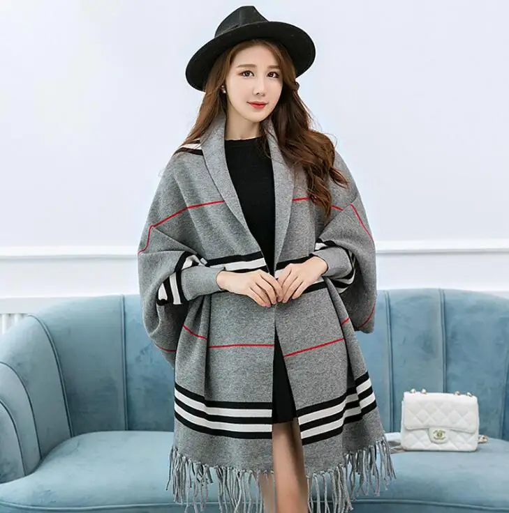 Модный женский вязаный кардиган весна осень stripeMid длинные кисточки свитер-накидка пальто шаль s300 - Цвет: Серый