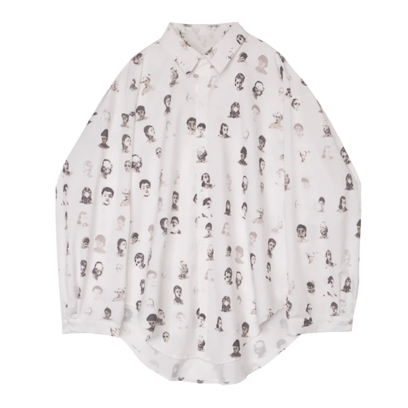 

[EAM] Women White Pattern Printed Big Size Blouse New Lapel Long Sleeve Loose Fit Shirt Fashion Tide Spring Autumn 2021 1DB120