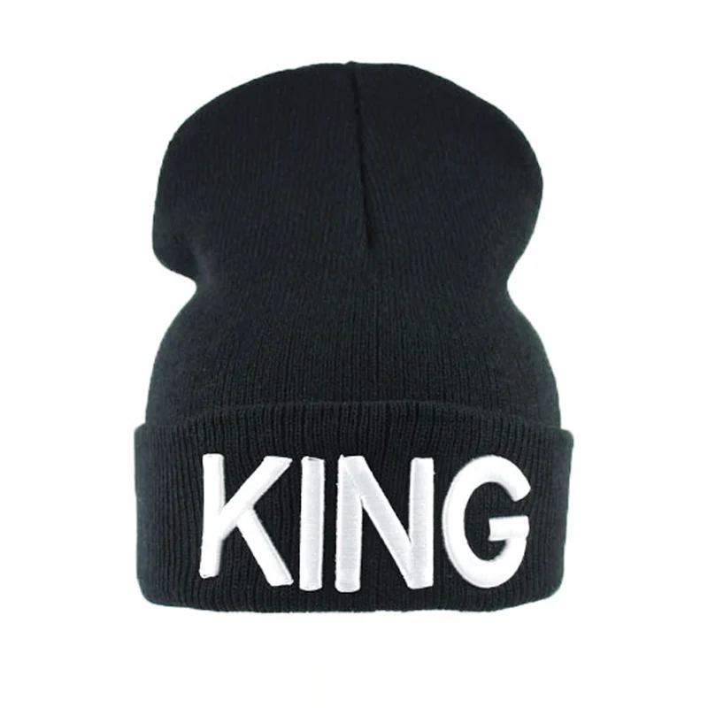 Knitted KING White Зимние вязаные шапки для женщин, шапки с надписью KING QUEEN, шапка в стиле хип-хоп для девушек, осенняя женская теплая бини, Повседневная шапка - Цвет: Knitted KING White
