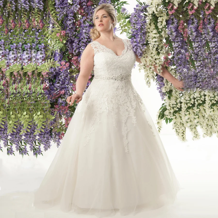 

Gorgeous Plus Size Wedding Dresses V-neck Sleeveless Delicate Beading Belt Lace Applique Vestido De Novia Bridal Gowns