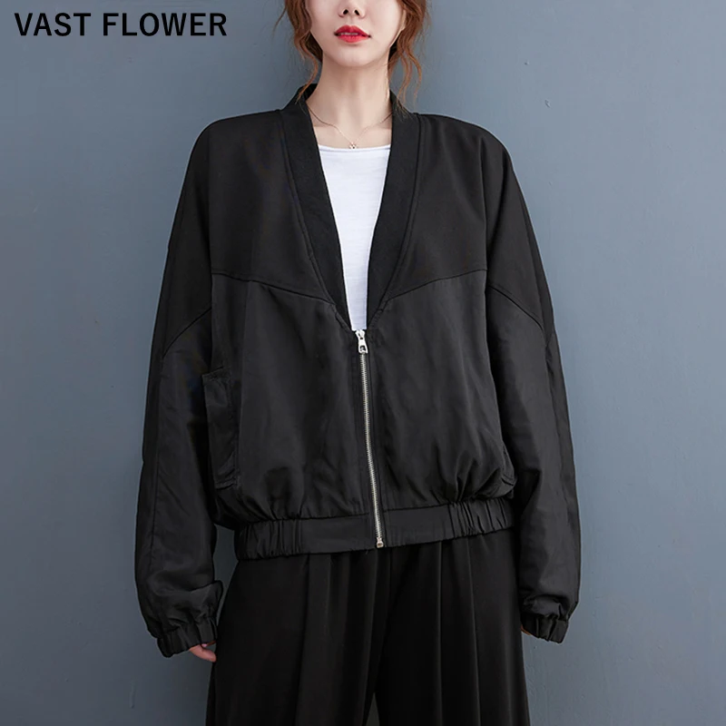 

Black Vintage Patchwork Jacket For Women 2021 Autumn Winter V-Neck Long Sleeve Zipper Loose Casual Jackets Coat Fashion Clothing