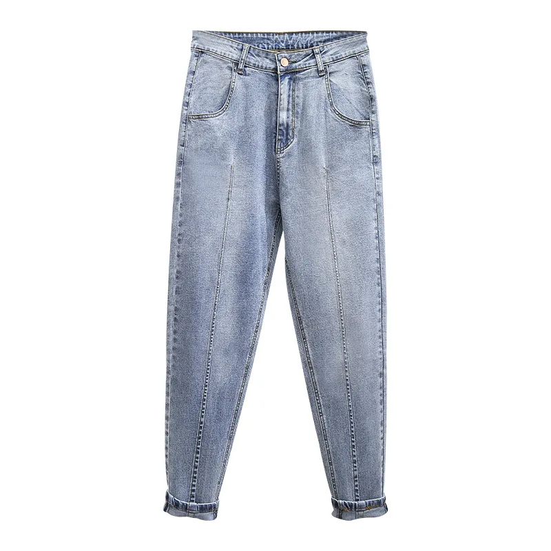 

Plus Size 5XL Jeans Summer Korean Office Ladies 200kg Women Light Blue Loose High Waist Harem Denim Pants Nine Points Clothing