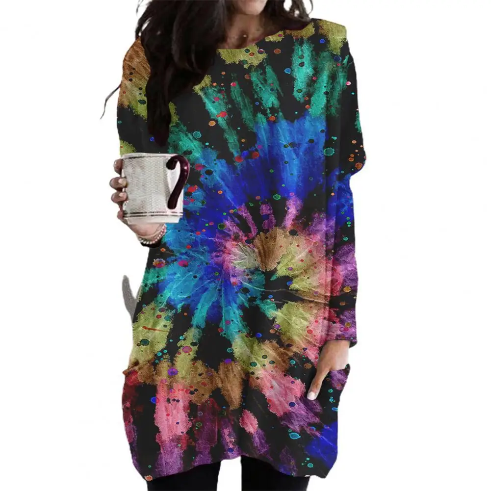 

Tie Dye Print Sweatshirt Dress Side Pockets Women Colorful Long Sleeve Christmas Dress Streetwear Christmas Dress Streetwear