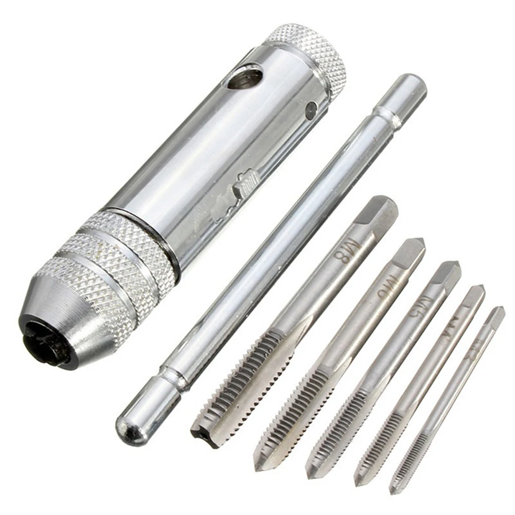 

3-8mm Adjustable T-Handle Ratchet Wrench Set with 5 Pcs Machine Screw Thread Metric Plug Tap Set Metric Connector Machinist Tool