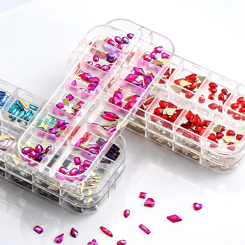 

12 Grids Mixed Shape Tiny Nail Rhinestone Nail Art Accessories Ins Hot Nail Sets Glue Crystals Rhinestone for Fingernail