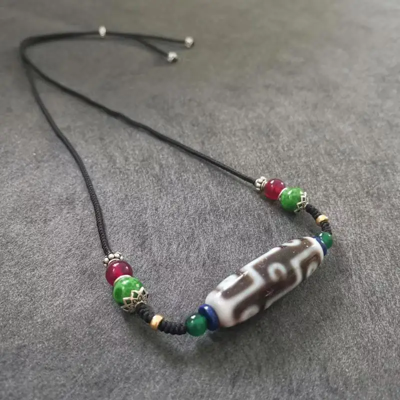 s925 silver natural agate dzi necklace antique glass red green chalcedony lapis lazuli designer jewelry gift box Handmade rope