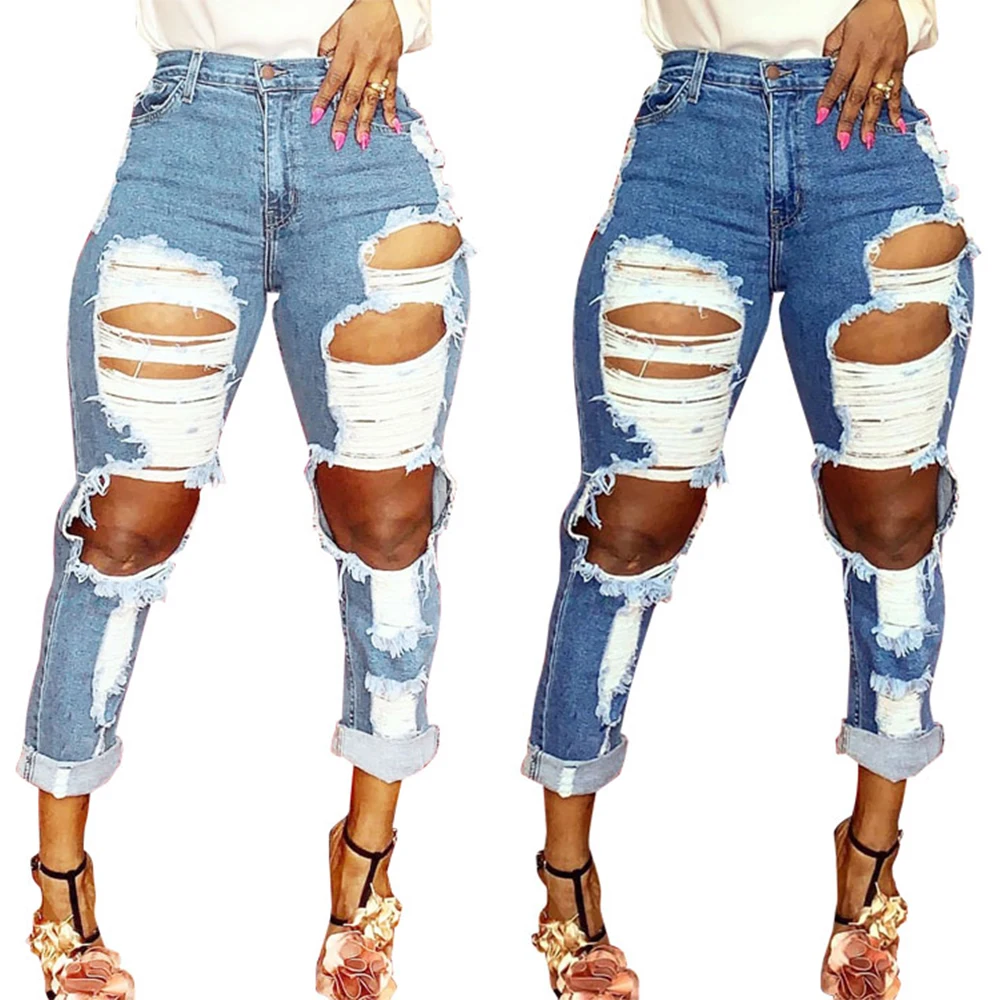 

Sexy Pants Hole Blue Casual Pants Woman Jeans Jogger Streetwear Women Denim Pants Blue Women Jeans Female Casual Jeans