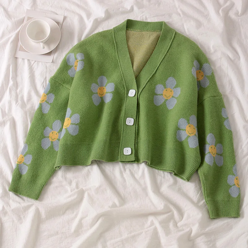 

high quality Flower Knit Cardigans Sweater Women V Neck Thicked Print Short Casual Coat Spring and Autumn Women's Sweater