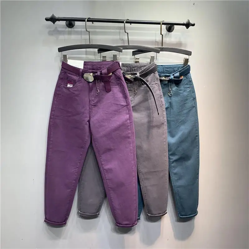 

Korean Solid Color Washed Harem Jean Female 2021 New Elasticity High Waist Casual Pencil Pants Ankle-length Women Denim Trousers