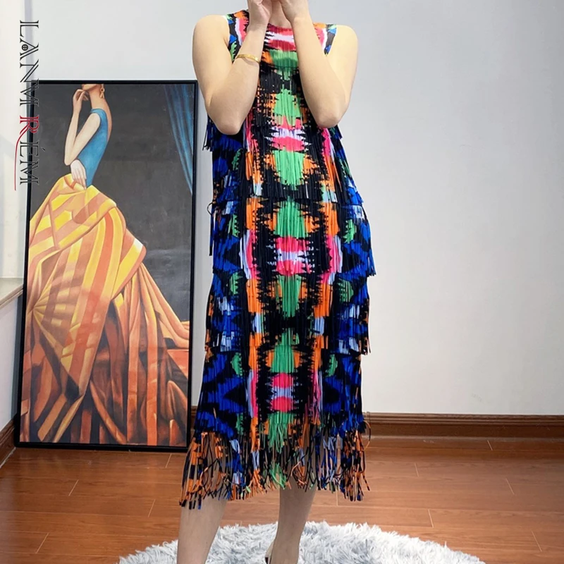 

LANMREM Новое Женское платье без рукавов тонкое покрытое живот Плиссированное темперамент свободный крой Мода Лето 2023 2P1140