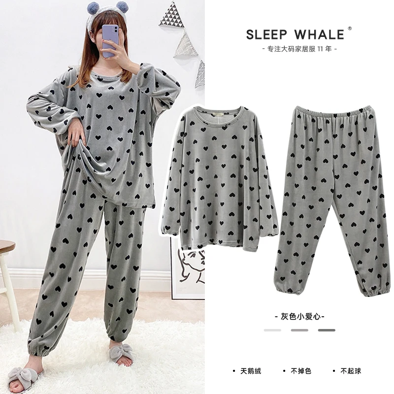 240 Jin Fat Girl Slimming Autumn and Winter Homewear Suit round Neck Long Sleeve Thick Fleece Pajamas Closed Pajama Pants Extra