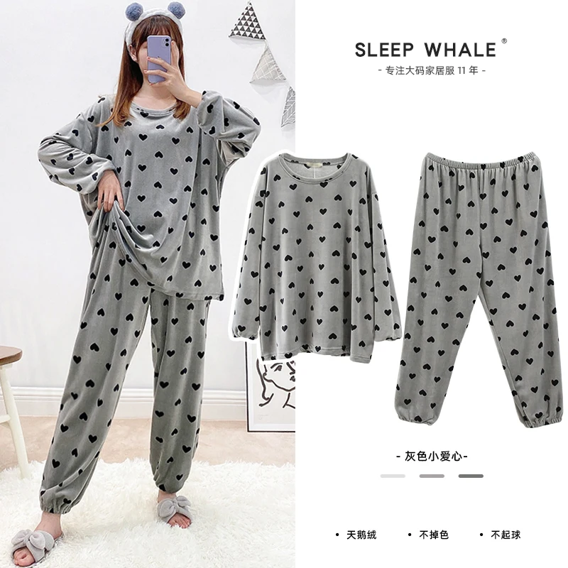 

240 Jin Fat Girl Slimming Autumn and Winter Homewear Suit round Neck Long Sleeve Thick Fleece Pajamas Closed Pajama Pants Extra