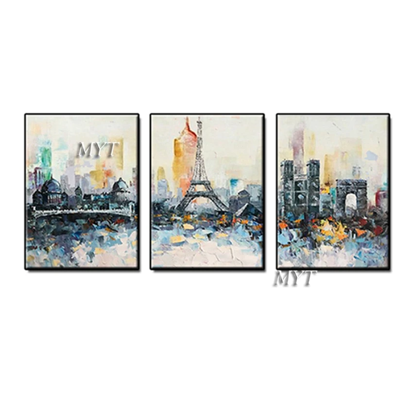 

Hand-painted oil painting, sitting room metope art on canvas, Paris tower arc DE triomphe 3 pictures