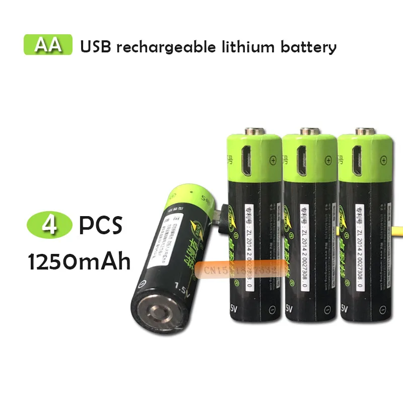 4 шт. перезаряжаемые литий-полимерные батарейки ZNTER 1 5 в AA 1250 мАч с USB-кабелем |
