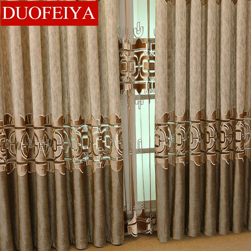 Chinese Gray Embroidery Stitching Curtains Fabric Bedroom Living Room Villa Floor Drapes Window Treatments Tulle for Kitchen