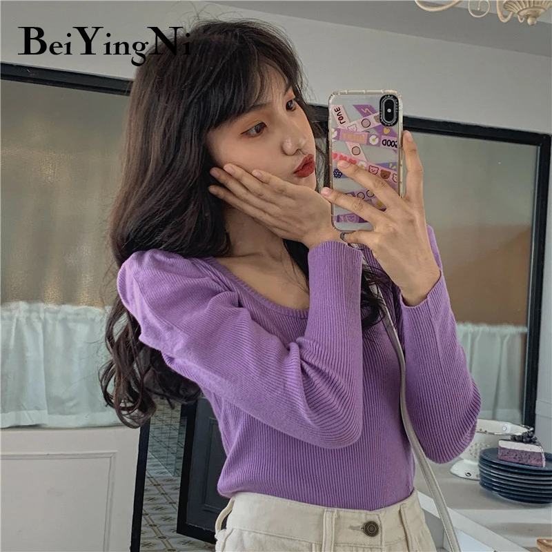 

Beiyingni Slim O-neck Puff Long Sleeve T-shirts Womens Casual Sweet Korean Tops Female Chic Basic Harajuku Simple Tshirts Femme