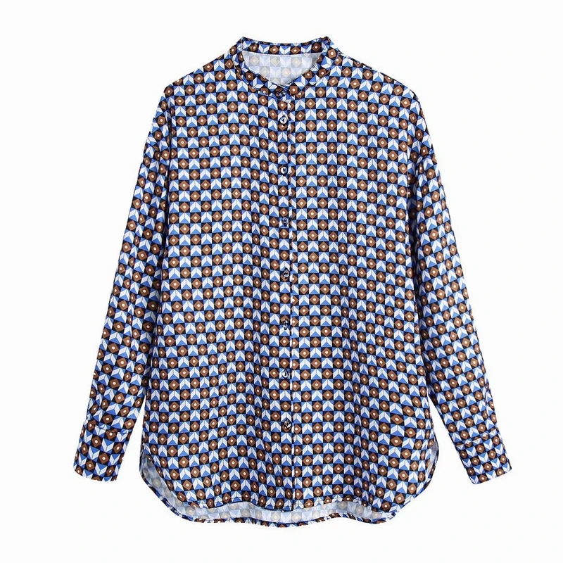 

Geometric Print Shirt Women Spring 2022 New Fashion Long Sleeve Blouse Causal Clothes Modern Girl Top Wears