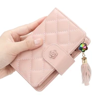 lingge women wallets short solid color flower hasp coin purses female tassel zipper pu leather credit card holder clutch bag
