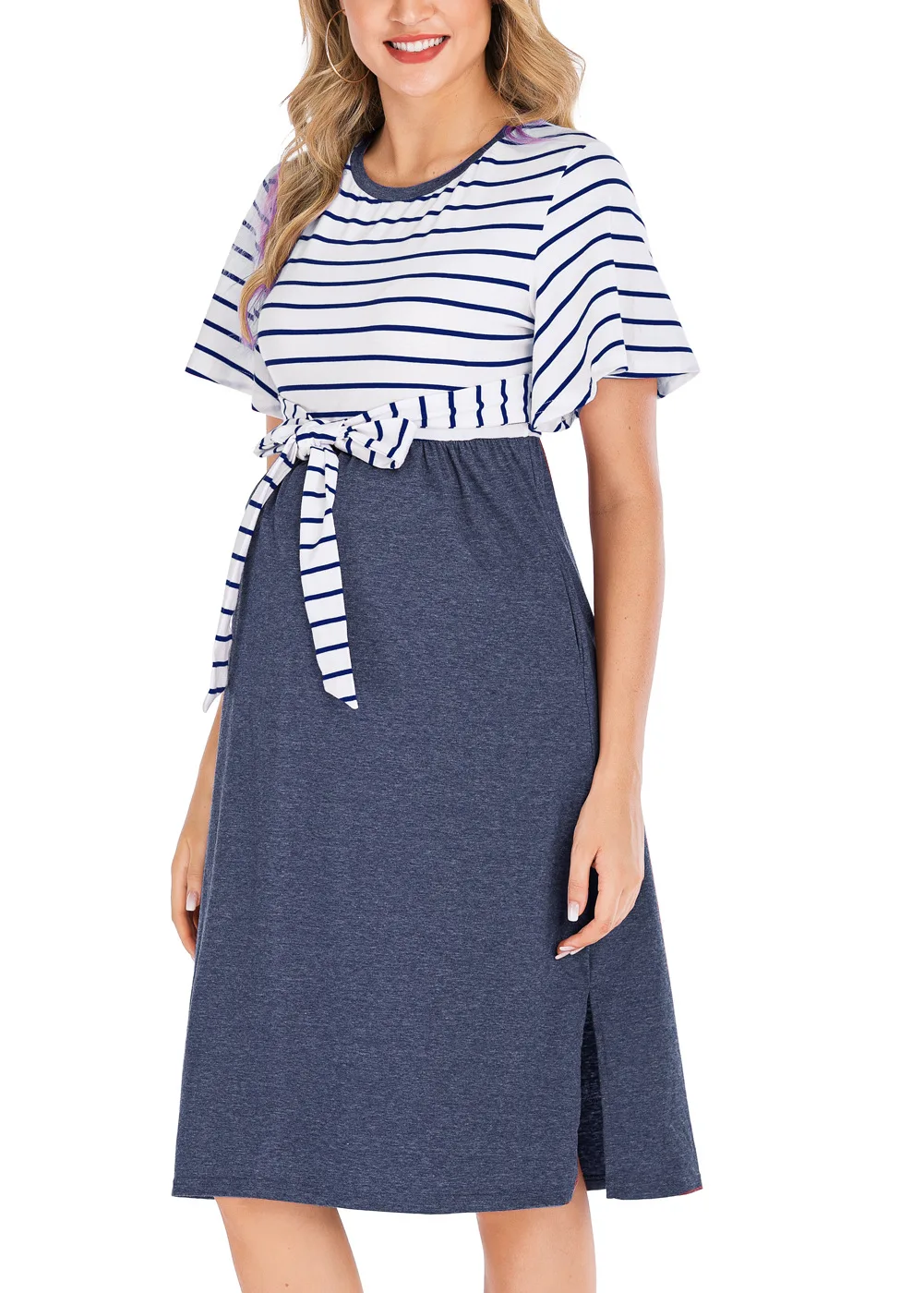 

New Clothes For Pregnant Women Dresses Striped Short Lace Up Round Neck Short Sleeve Pregnant Women A-line Skirt Dresses Casual