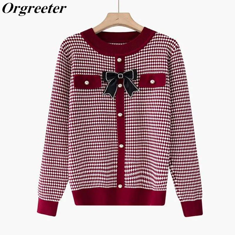 

Женский трикотажный жаккардовый пуловер, свободный джемпер с длинным рукавом, пуговицами с бантом и жемчужинами, верхняя одежда для весны и...