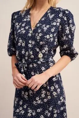 Dark Blue Женское платье, новинка, винтажное Цветочное платье средней длины с поясом, длинное цельнокроеное платье - Цвет: Dark Blue