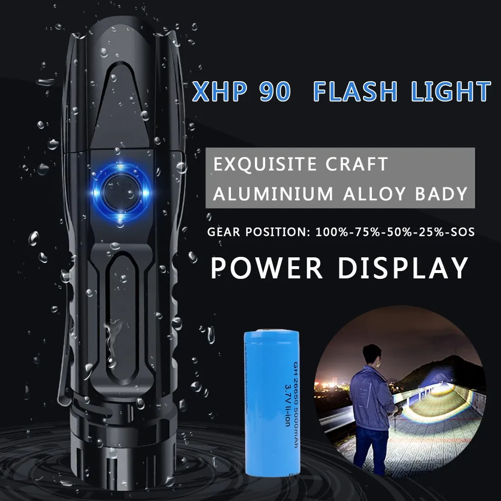 

Most Powerful LED Flashlight Xhp90 LED Flashlight Zoomable USB Rechargeable 26650 Flashlight Torch 5 Modes Waterproof Bike Light