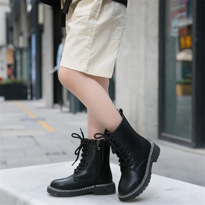 

Children's Genuine Leather Martin Boots New British Style Boys Cowhide Mid-calf Short Boots Black Rubber Shoe