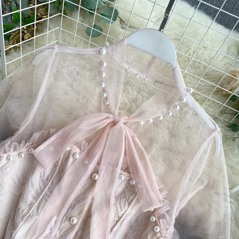 Women Elegant Lace Shirt New Pearl Bow Neck Mesh Perspective Long Sleeve Blouse Spring 2020 K899 | Женская одежда