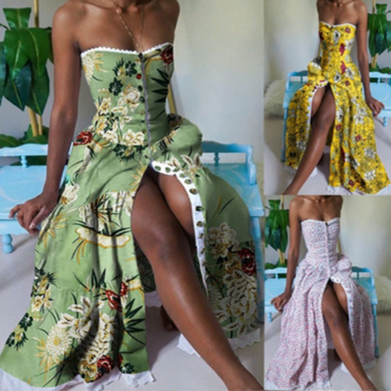 

Floral Print Long Dress Women Summer 2021 New Sexy Strapless High Waist Elegant Party Dress Bandeau Lace Trim Button Maxi Dress