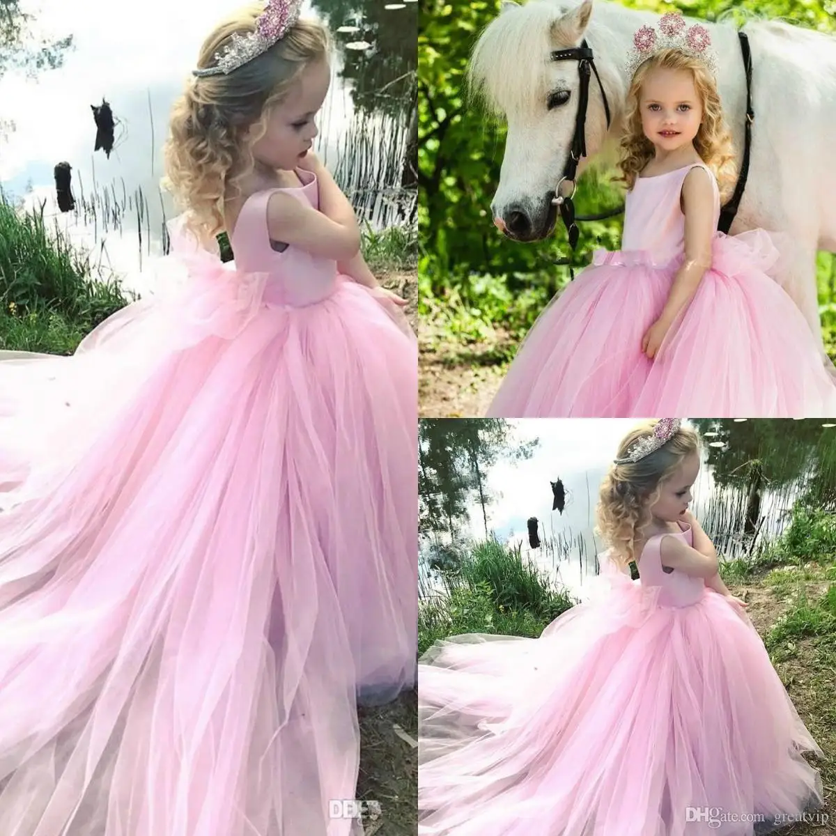 

Pink Tulle Flowers Girls Dresses Jewel Puffy Princess Pageant Country Gowns For Wedding Evening Bridesmaid Dress First Communion