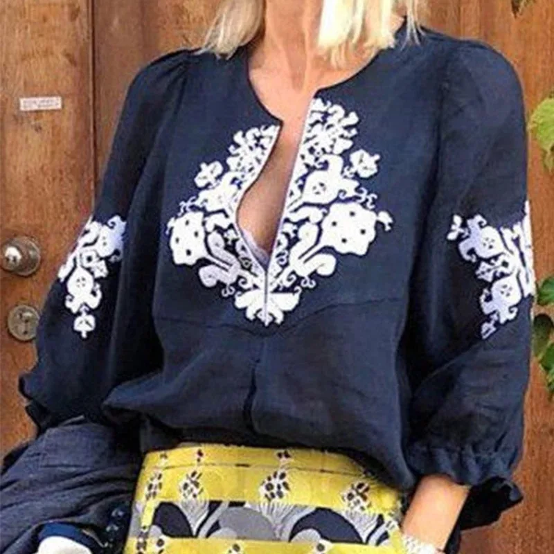 Женская винтажная Блузка с V образным вырезом и цветочным принтом|Блузки| |