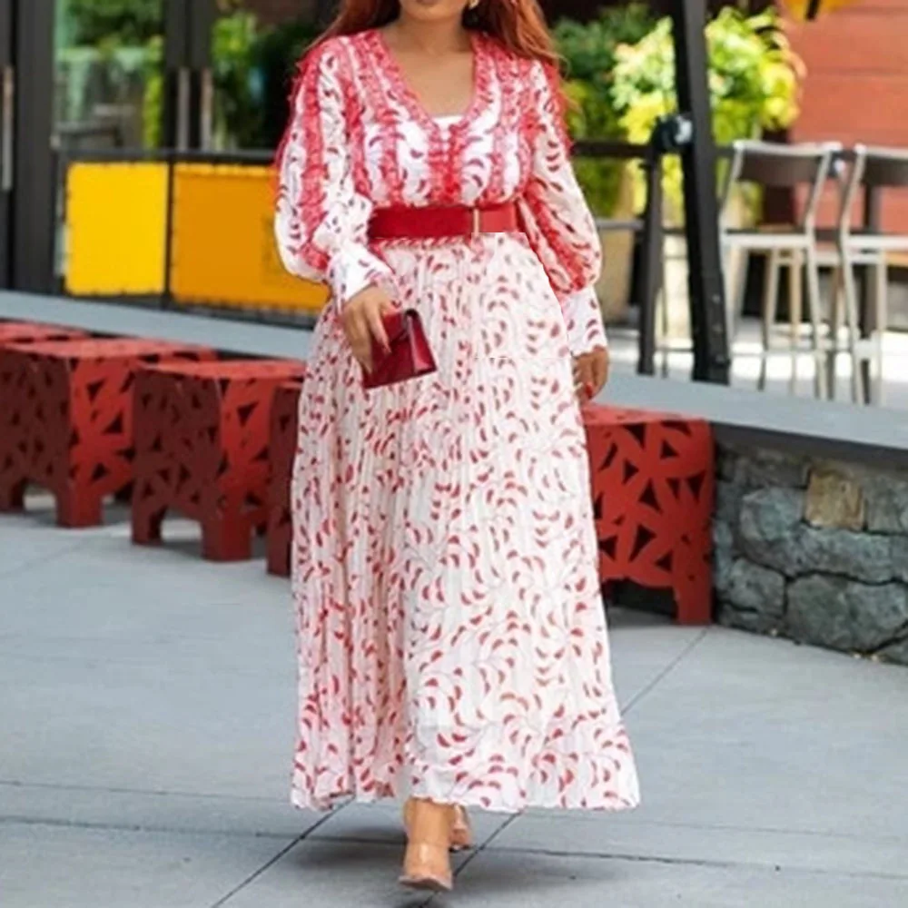 Женское длинное платье с плиссированным принтом элегантное Бохо С v образным