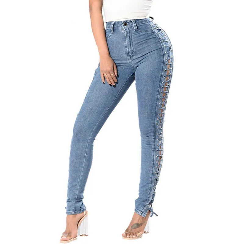 

2019 женские джинсы со шнуровкой 2019 модные рваные узкие джинсовые брюки-карандаш с высокой талией пикантные облегающие джинсы с боковым выре...