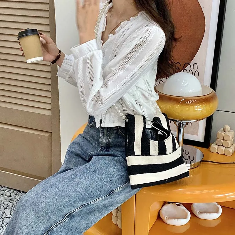 

Korean Style Striped Purses and Handbags for Women Casual Canvas Crossbody Bag Girls Mini Coin Wallet Tote Bags