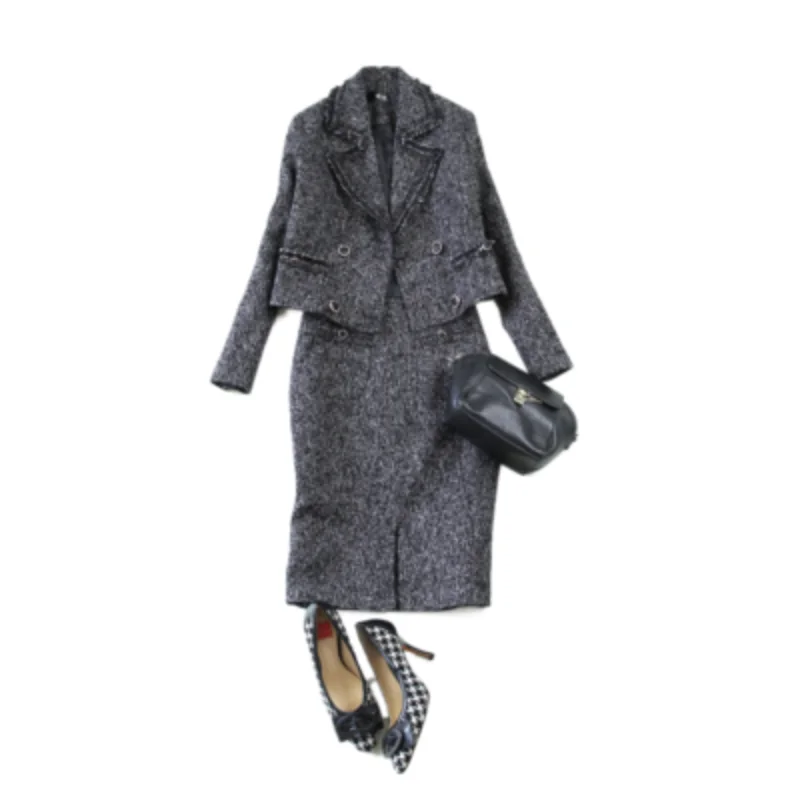 

Fashion plaid Set women's fall winter New high-quality woolen tweed suit jacket + skirt Two-piece Sets women