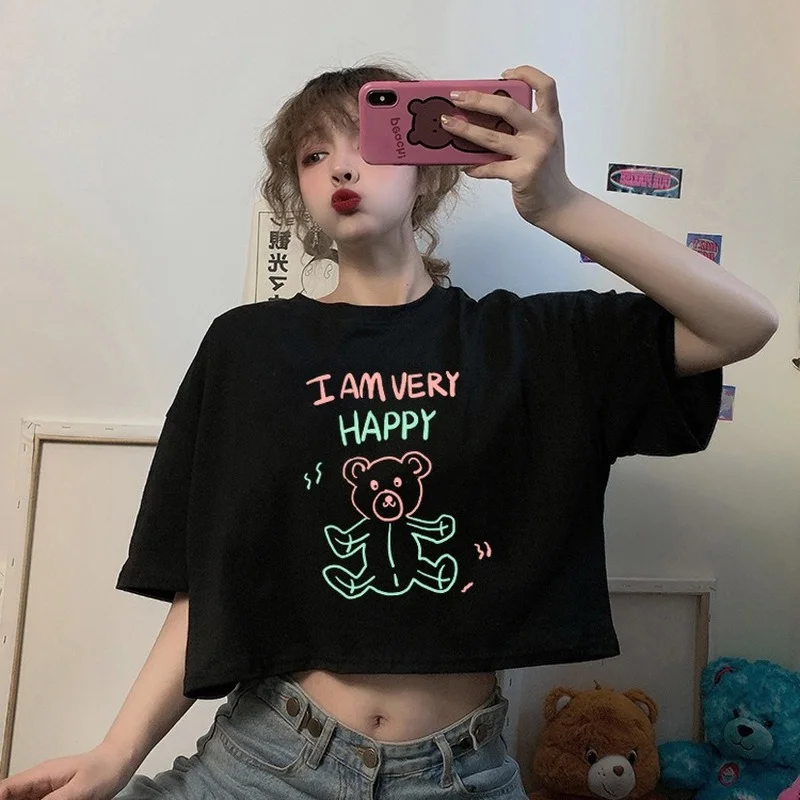

MINGLIUSILI Y2k Femme T-shirts Fashion 2021 Bear Print Tee Shirt Summer Cropped Tops Mujer Black Short Sleeve T Shirt Women