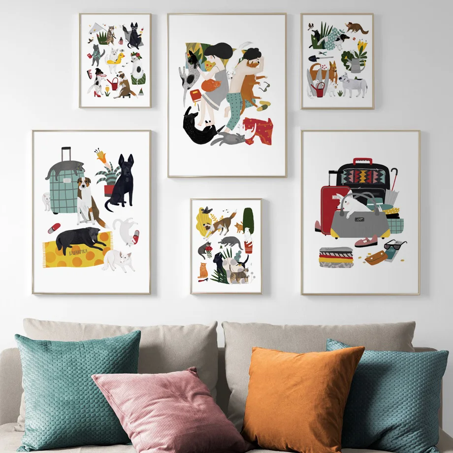 

Men women Cat Dog Plant Family life Wall Art Canvas Painting Nordic Posters And Print travel Wall Pictures For Living Room Decor