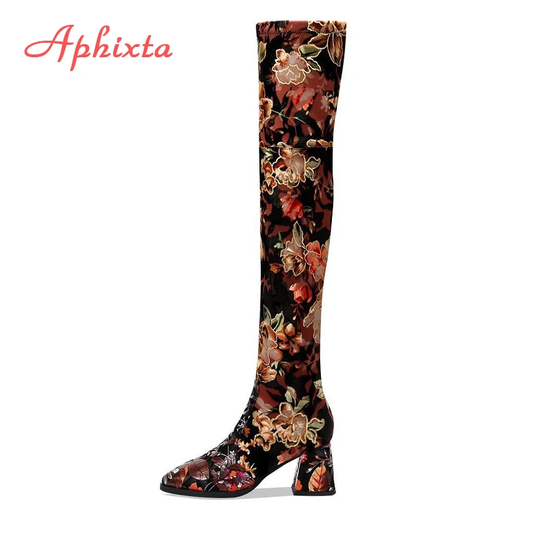 Aphixta Over the Knee Boots Embroider Flower Square Heels Shoes Women's Long Shoes Casual Pointed Toe Long Boots Women